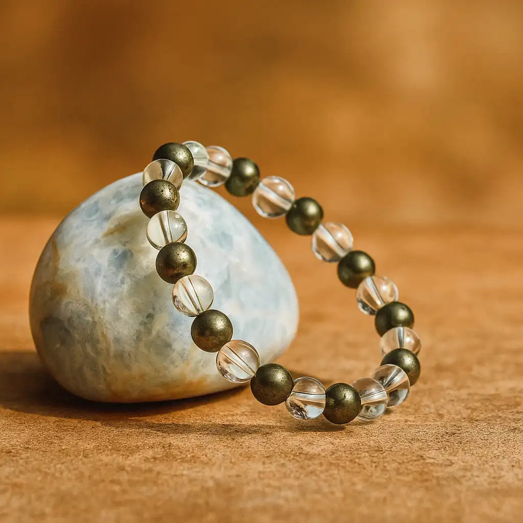 Raw Pyrite for attracting money with Clear Quartz Bracelet