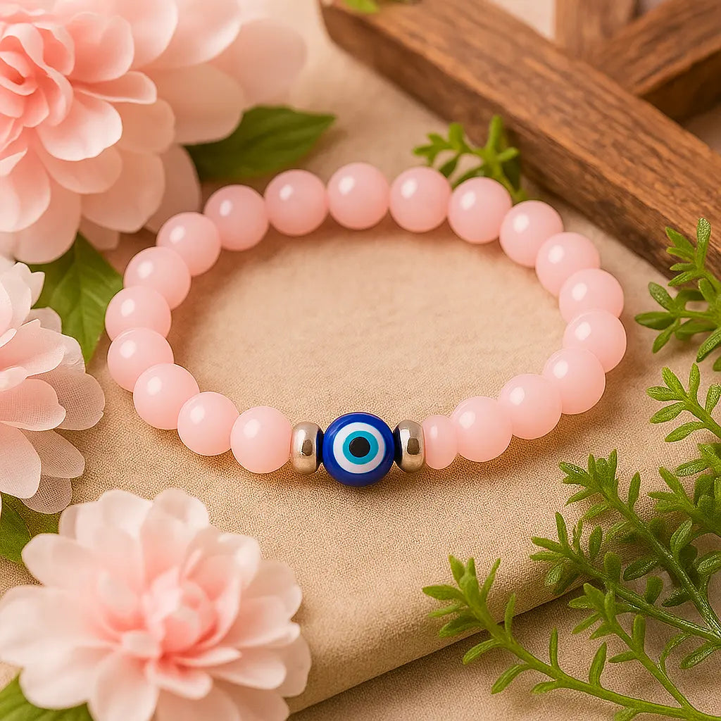 Love and Relationship Protect: Rose Quartz with Evil Eye Bracelet